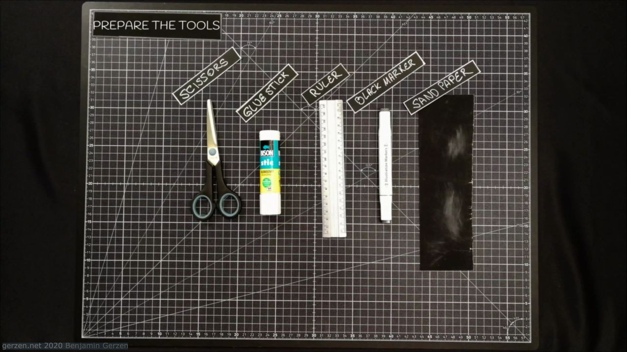 1: Let's prepare the necessary tools: scissors, glue, ruler, black marker and sandpaper.