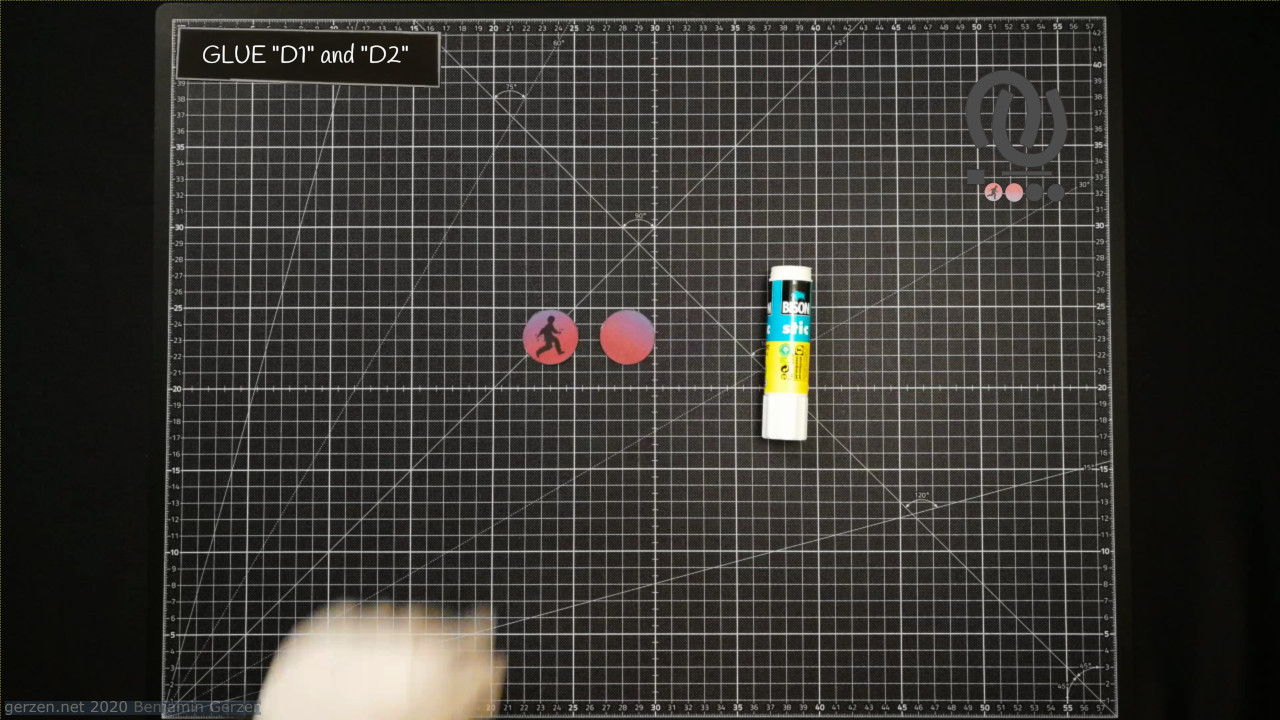 17: Glue "D1" and "D2" with the white sides facing each other.