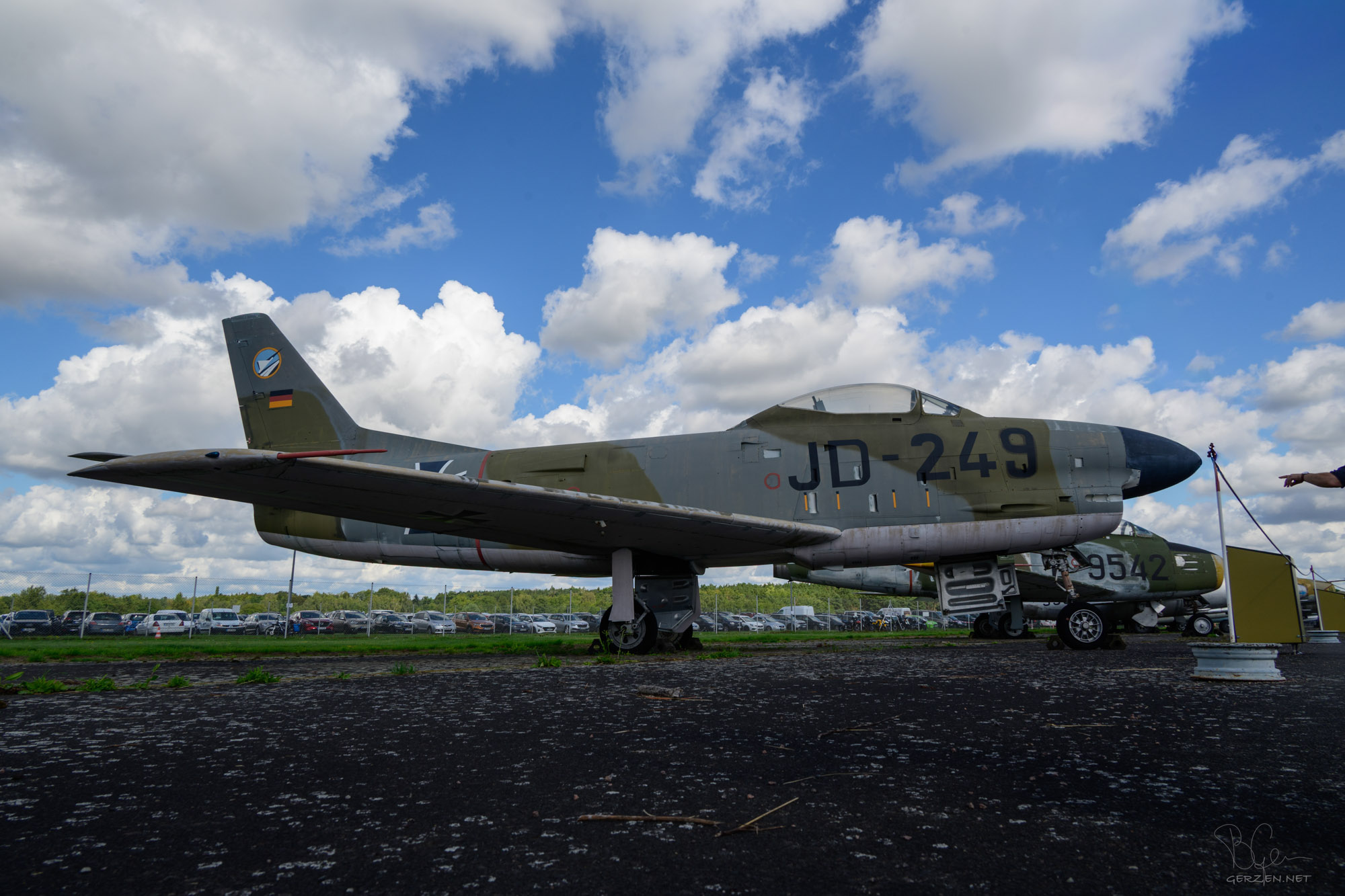 F-86K Sabre - an interceptor fighter, USA. Looks ready for a fight. (Literal: Don't put your finger in its mouth.)